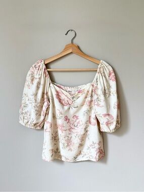 {H&M} Floral Linen Blend Puff Sleeve Top - Cream & Pink